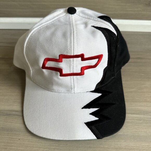 Vintage Chevrolet Shark Tooth Strapback Hat Chevy Baseball Cap 90s‎ White Black - Picture 1 of 12